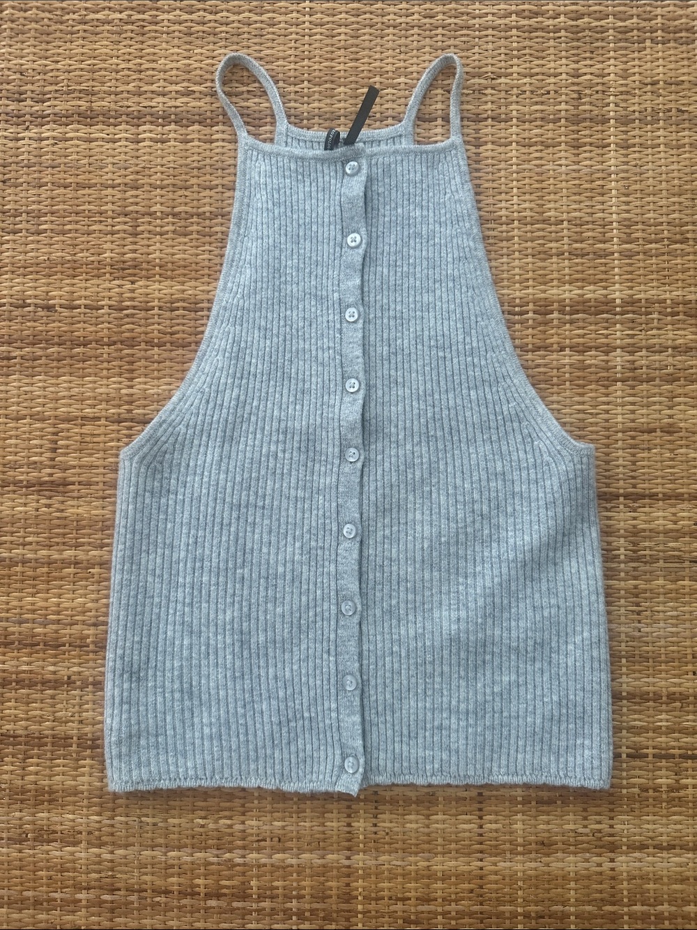 Ribbed Button-Front Halter Tank Top - Light Gray